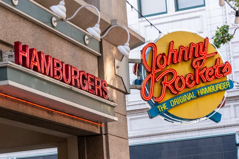 Johnny Rockets Restaurant Sign at San Jose downtown in California