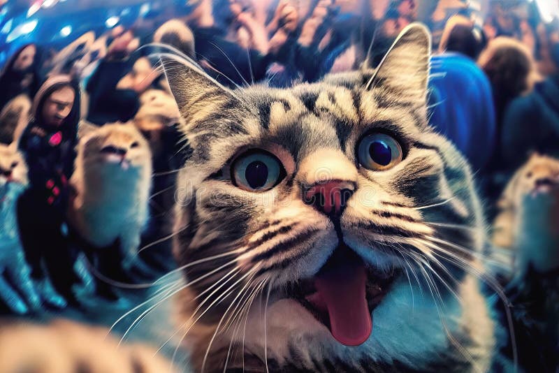 Join in on the fun with this excitable party cat as they snap a selfie in front of a lively dance crowd at disco