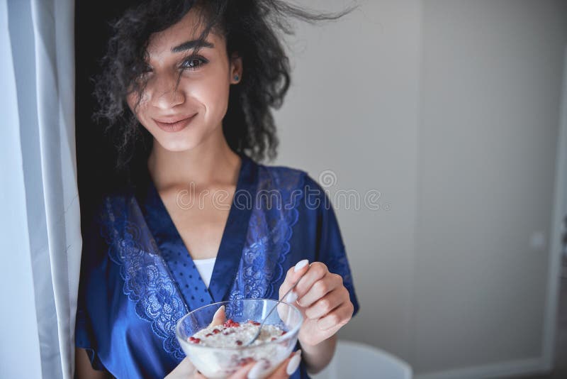 Close Up Of Cute Brunette That Smiling On Camera Stock Image Image Of Home Mood 183779001