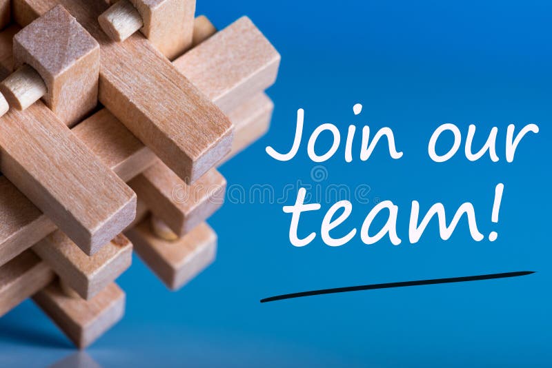 Join our team - message at blue background near macroviewed brain teaser. Hiring and new job concept.