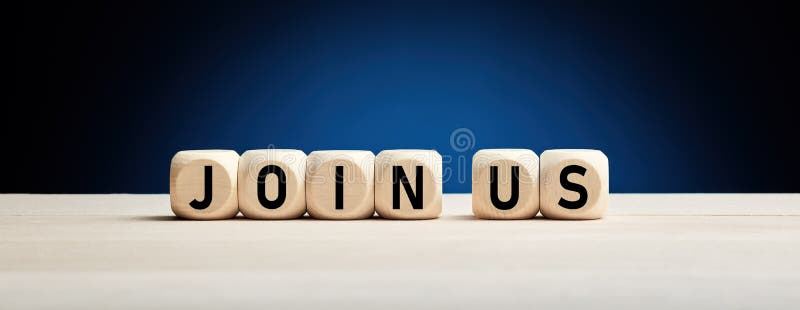 Join us concept on wooden cubes against blue background. Job vacancy or community membership announcement. Join us concept on wooden cubes against blue stock images