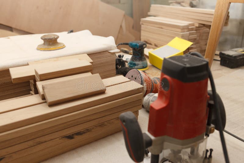 Joiner workplace. Carpentry woodworking tools stock image