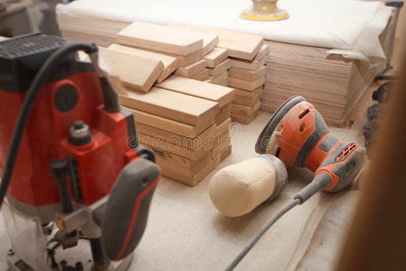 Joiner workplace. Carpentry woodworking tools stock images