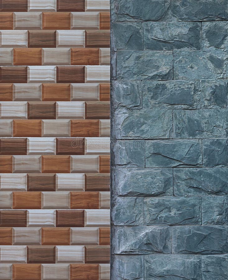 Joint of wall imitation wood painted tiles and natural stone. Textural background stock images Joint of wall imitation wood painted tiles and natural stone. Textural background stock images