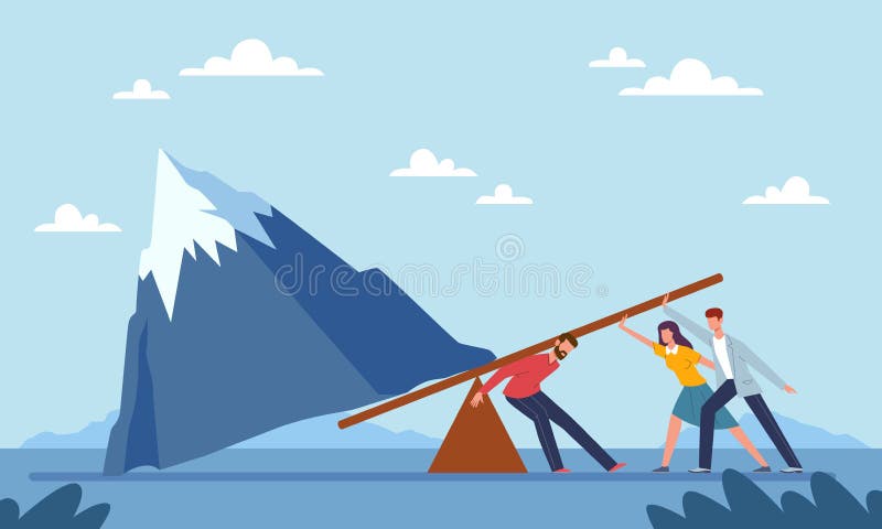 Joint work. Effort to overcome problem, people working together trying to move mountain, metaphor for difficult task