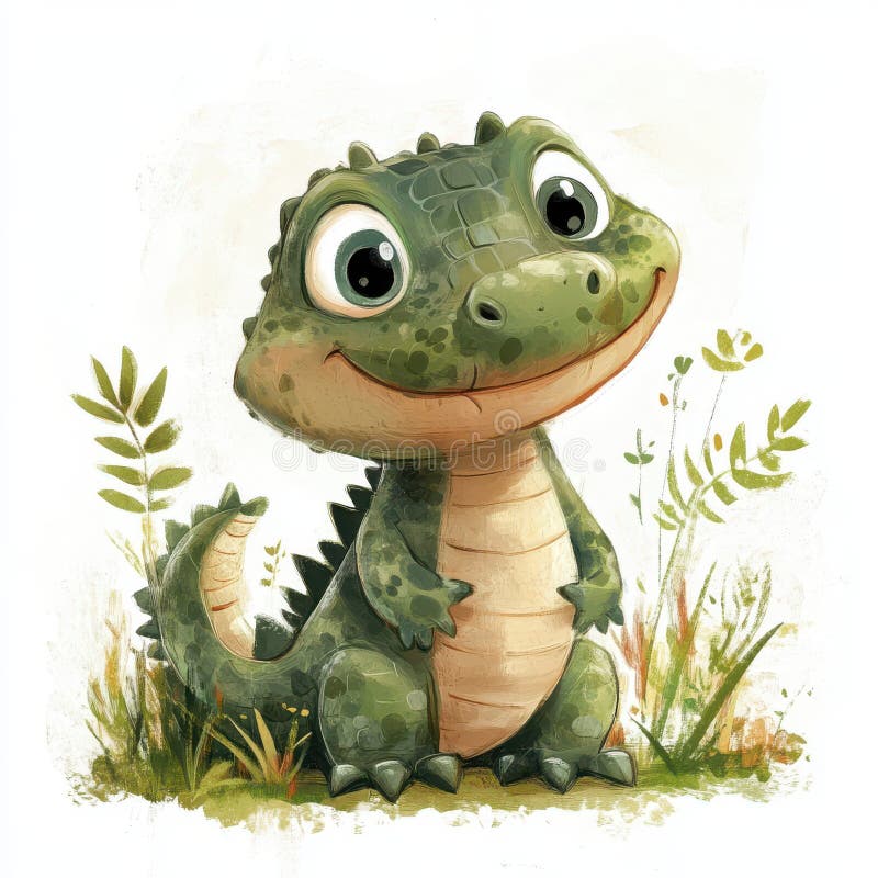 Joli bébé crocodile dans la nature verte joyeux sourire adorable art de la faune illustration libre de droits