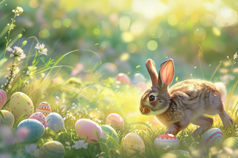 Cute happy big bunny with fluffy brown fur jumping over piles of colorful easter eggs. Playful rabbit with long ears hopping and surrounded with easter egg at garden with tree and green AI generated. Cute happy big bunny with fluffy brown fur jumping over piles of colorful easter eggs. Playful rabbit with long ears hopping and surrounded with easter egg at garden with tree and green AI generated