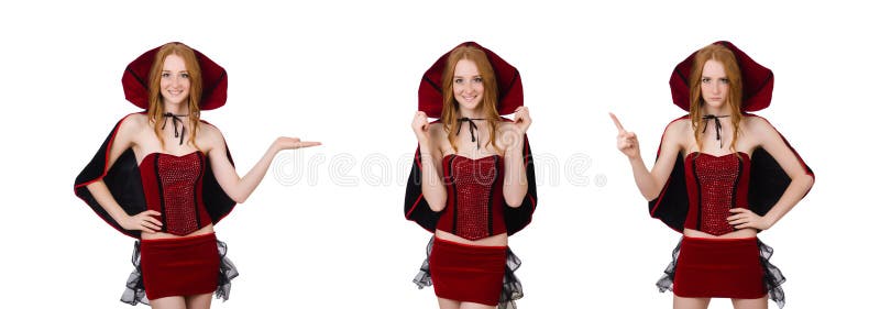 Jolie dame en velours bordée de robe avec casquette isolée sur blanc photos libres de droits Jolie dame en velours bordée de robe avec casquette isolée sur blanc photos libres de droits