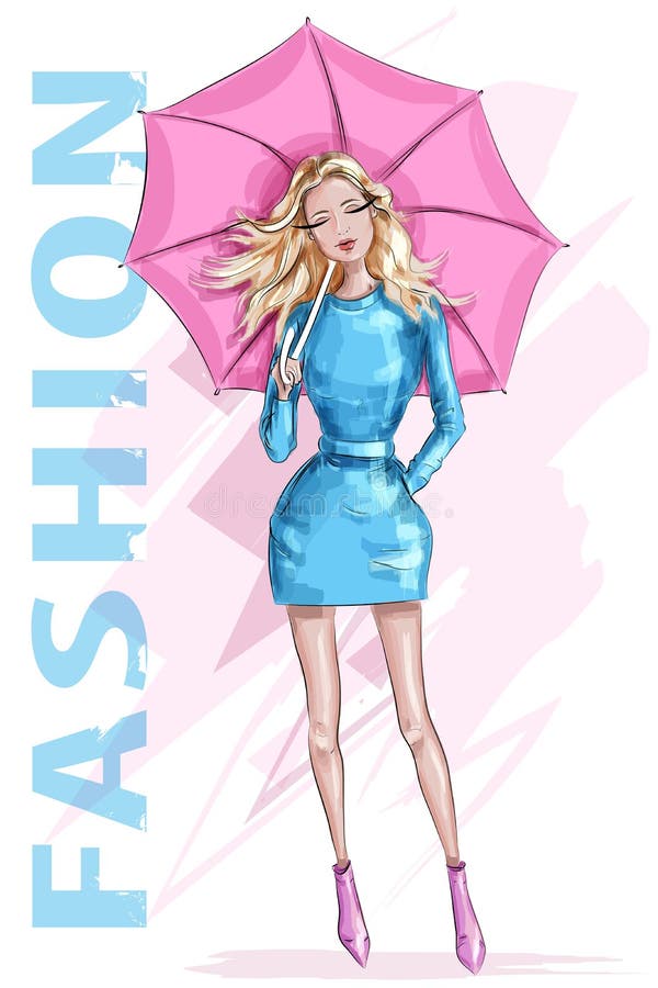 Jolie femme de mode avec le parapluie Fille élégante avec les cheveux blonds croquis Fille de mode illustration de vecteur Jolie femme de mode avec le parapluie Fille élégante avec les cheveux blonds croquis Fille de mode illustration de vecteur