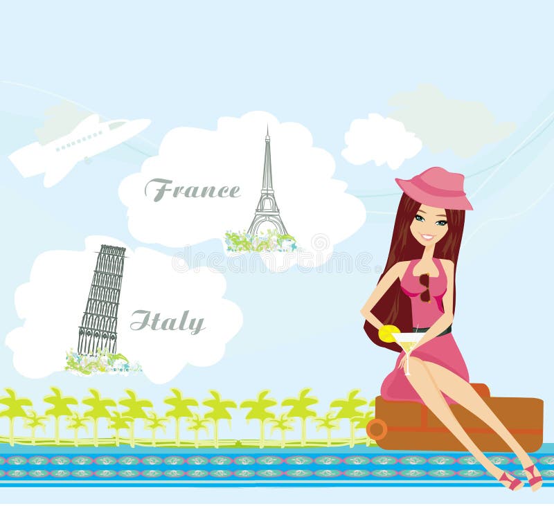 Jolie fille rêvant des vacances dans les Frances et en Italie illustration libre de droits Jolie fille rêvant des vacances dans les Frances et en Italie illustration libre de droits