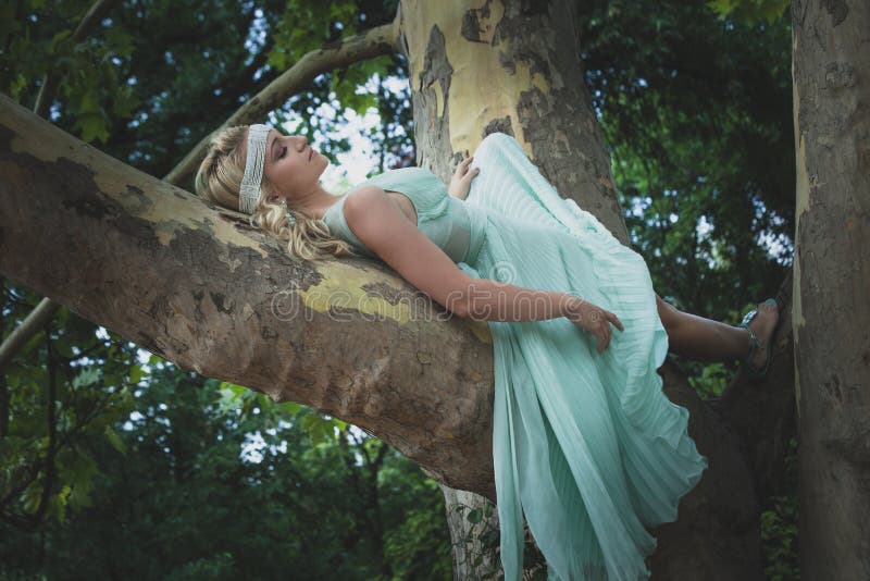Jolie jeune femme dans le mensonge romantique de robe le jour d'été d'arbre images stock Jolie jeune femme dans le mensonge romantique de robe le jour d'été d'arbre images stock