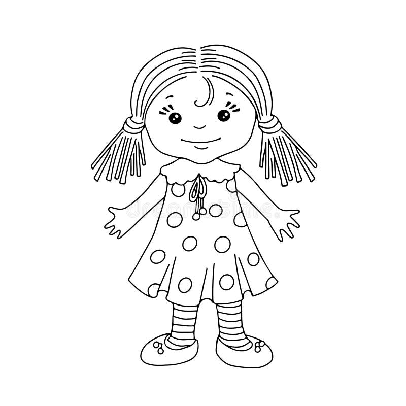 Cute cartoon doll or little girl for coloring page or book. Chilren toy concept. Black and white vector 10 EPS illustration. Cute cartoon doll or little girl for coloring page or book. Chilren toy concept. Black and white vector 10 EPS illustration