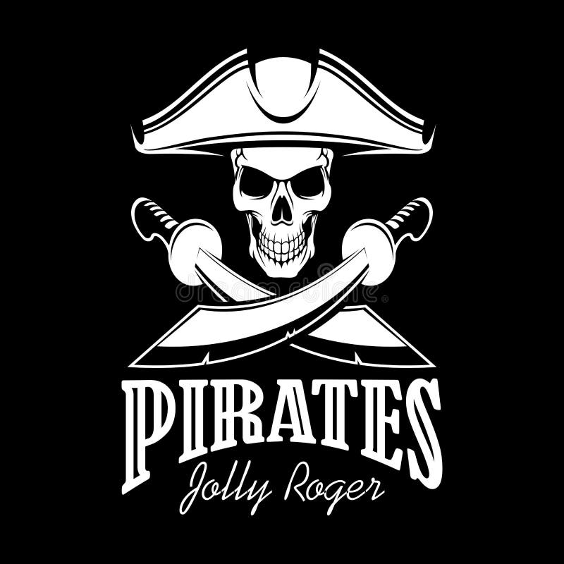 Pirates black flag poster. Symbol of Jolly Roger skeleton skull in tricorn or tricorne captain pirate hat and crossed swords or sabers. Vector design for entertainment party decor, alcohol drink bar or pub emblem or sign. Pirates black flag poster. Symbol of Jolly Roger skeleton skull in tricorn or tricorne captain pirate hat and crossed swords or sabers. Vector design for entertainment party decor, alcohol drink bar or pub emblem or sign