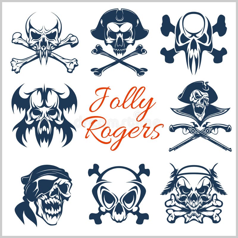 Jolly Roger symbols - vector set on white background. . Pirates skulls and Captain skeleton in bandana or tricorne hat stock illustration Jolly Roger symbols - vector set on white background. . Pirates skulls and Captain skeleton in bandana or tricorne hat stock illustration