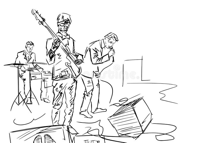 Musical Band Performs on Stage. Black and White Drawing. Stock Vector
