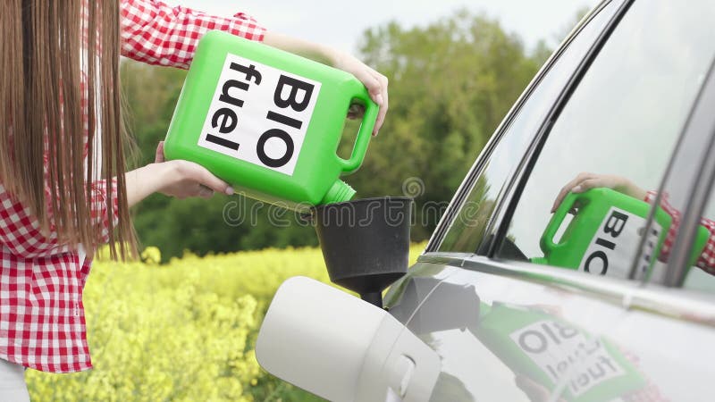 Jong meisje dat een auto met biobrandstof uit de groene trui tankt