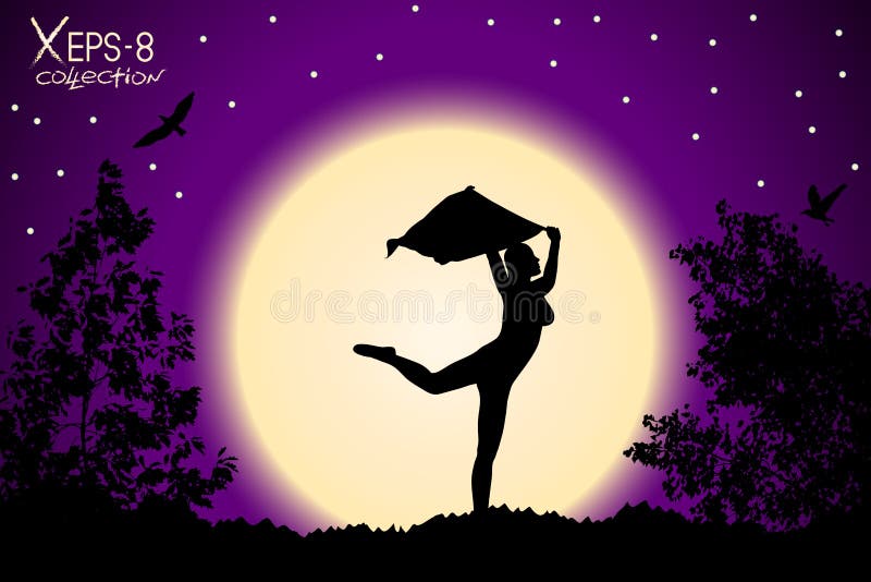 Jong meisjessilhouet met sjaal die op achtergrond van purpere zonsondergang dansen vector illustratie Jong meisjessilhouet met sjaal die op achtergrond van purpere zonsondergang dansen vector illustratie