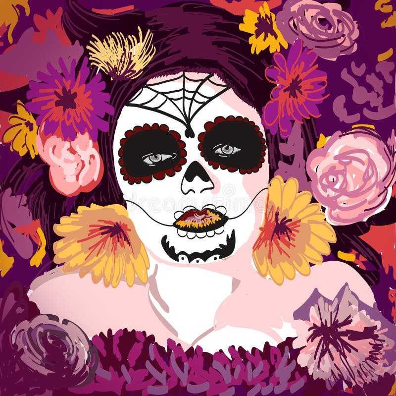 Jong vrij Mexicaans Sugar Skull-meisje y met flowe vector illustratie Jong vrij Mexicaans Sugar Skull-meisje y met flowe vector illustratie