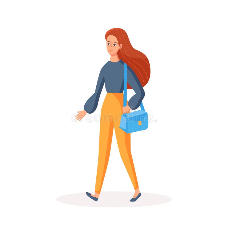 Jong vrouwelijk beeldverhaalkarakter die en zak lopen houden Geïsoleerdee vectorillustratie vector illustratie Jong vrouwelijk beeldverhaalkarakter die en zak lopen houden Geïsoleerdee vectorillustratie vector illustratie