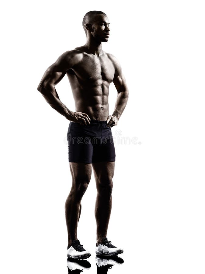 Jonge Afrikaanse shirtless spier bouwt mensen bevindend silhouet stock afbeeldingen Jonge Afrikaanse shirtless spier bouwt mensen bevindend silhouet stock afbeeldingen