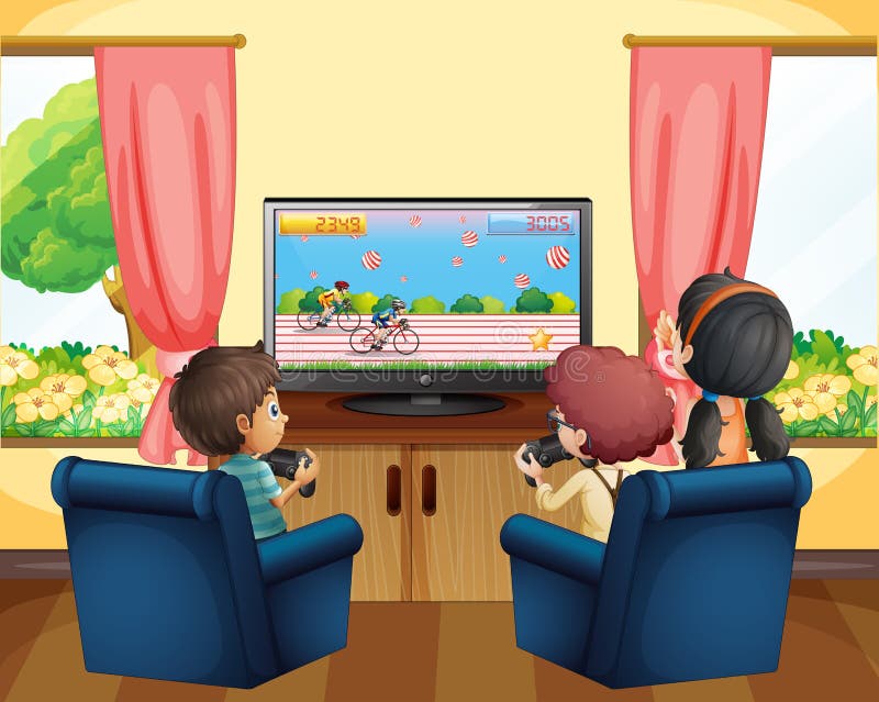 Jonge geitjes die het rennen spel op TV spelen vector illustratie Jonge geitjes die het rennen spel op TV spelen vector illustratie