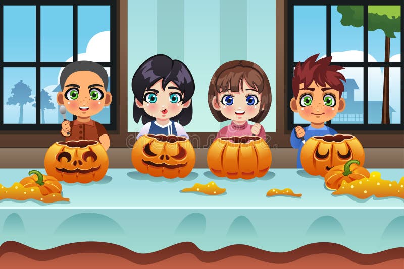 A vector illustration of kids carving pumpkin together at home. A vector illustration of kids carving pumpkin together at home