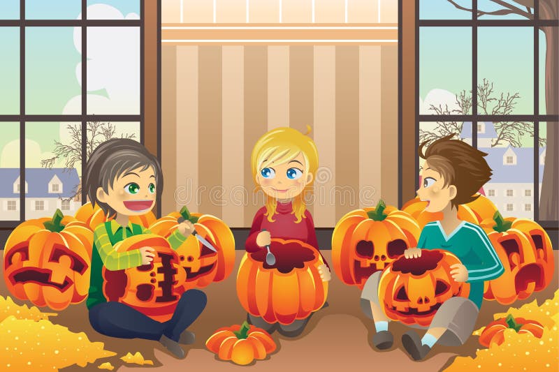 A vector illustration of kids carving pumpkins together at home. A vector illustration of kids carving pumpkins together at home