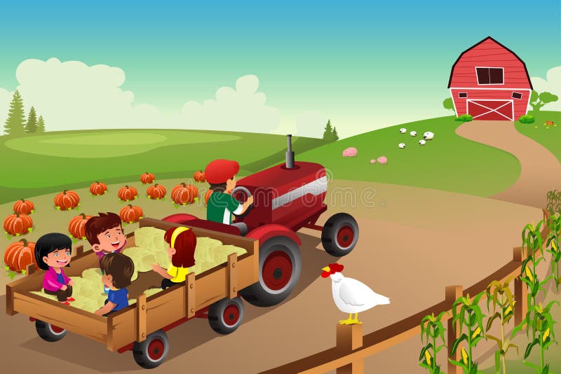 Jonge geitjes op een hayride in een landbouwbedrijf tijdens Dalingsseizoen stock illustratie Jonge geitjes op een hayride in een landbouwbedrijf tijdens Dalingsseizoen stock illustratie