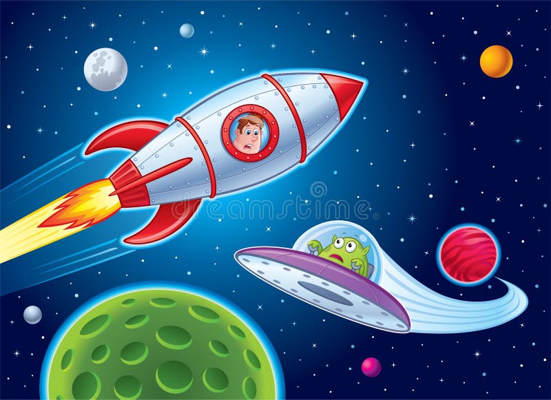 Cartoon of a boy flying in outer space in a rocket ship sees an alien flying a spaceship. Cartoon of a boy flying in outer space in a rocket ship sees an alien flying a spaceship.
