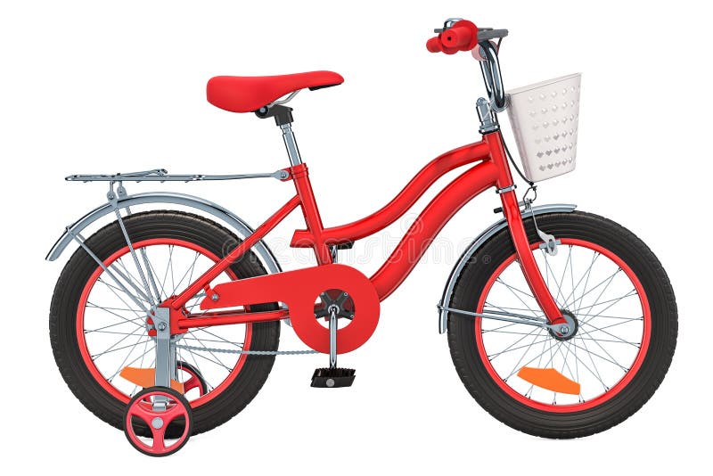 Jonge geitjesfiets met opleidingswielen en mand, rode kleur het 3d teruggeven royalty-vrije illustratie Jonge geitjesfiets met opleidingswielen en mand, rode kleur het 3d teruggeven royalty-vrije illustratie
