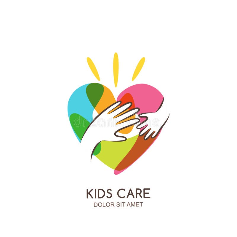 Kids care, family, charity logo emblem design template. Hand drawn multicolor heart with baby and adult hands silhouettes, isolated icon. Voluntary non profit organization, healthcare concept. Kids care, family, charity logo emblem design template. Hand drawn multicolor heart with baby and adult hands silhouettes, isolated icon. Voluntary non profit organization, healthcare concept.