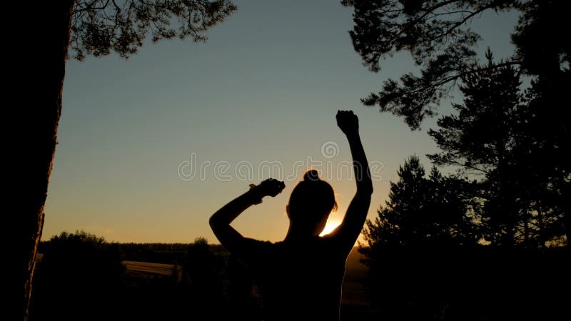 Jonge gelukkige vrouw die en pret in park hebben bij zonsondergang dansen stock afbeeldingen Jonge gelukkige vrouw die en pret in park hebben bij zonsondergang dansen stock afbeeldingen