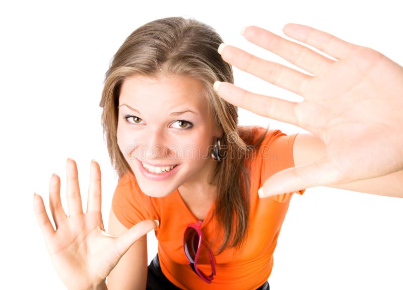 Young happy woman stretching hands to the camera. Isolated on white. Young happy woman stretching hands to the camera. Isolated on white.