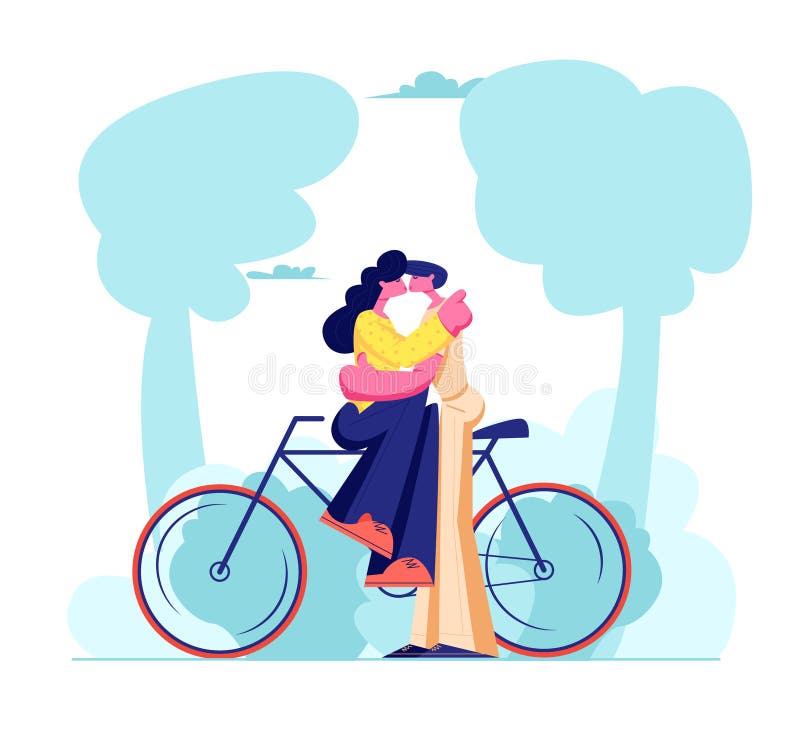 Jonge het Houden van Paarzitting op Fiets en in openlucht het Kussen Romantische Menselijke Relaties, Love Story, Jonggehuwdefami vector illustratie Jonge het Houden van Paarzitting op Fiets en in openlucht het Kussen Romantische Menselijke Relaties, Love Story, Jonggehuwdefami vector illustratie