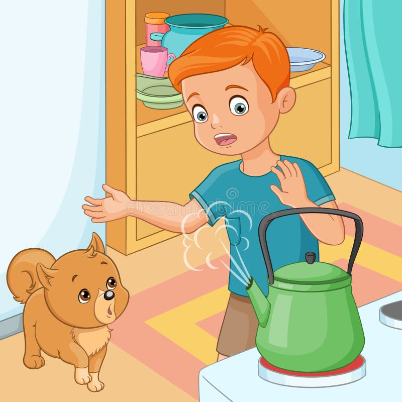 Jonge jongen die omzichtig van hete ketel zijn Vector illustratie stock illustratie Jonge jongen die omzichtig van hete ketel zijn Vector illustratie stock illustratie