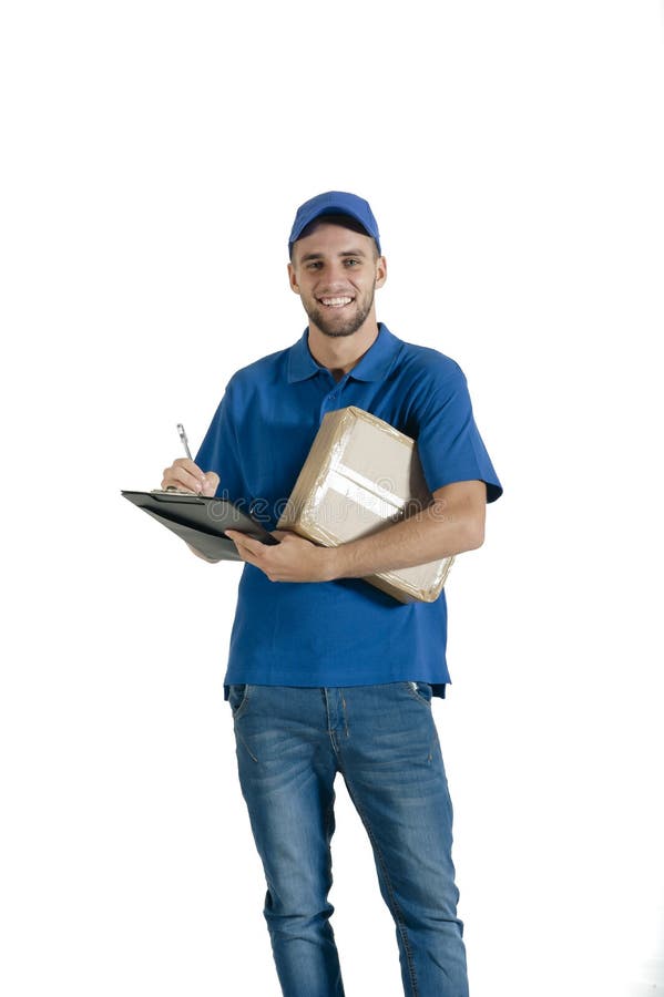 Young handsome courier guy making delivery of a brown boxed parcel. Young handsome courier guy making delivery of a brown boxed parcel