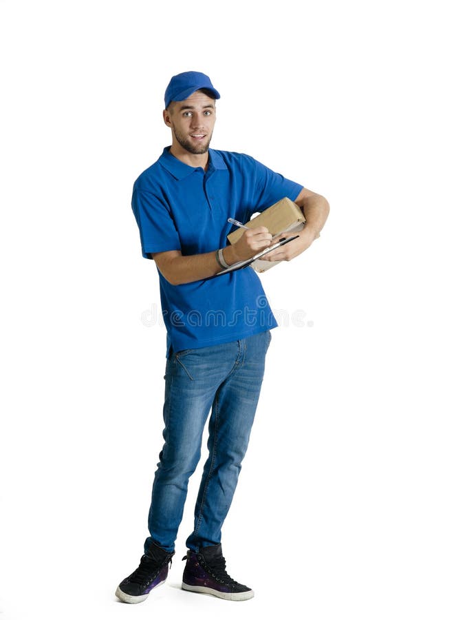 Young handsome courier guy making delivery of a parcel with clipboard. Young handsome courier guy making delivery of a parcel with clipboard