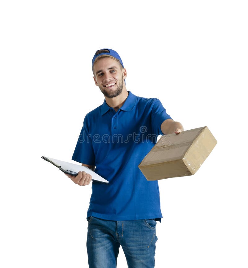 Young handsome courier guy making delivery of parcel isolated on white background. Young handsome courier guy making delivery of parcel isolated on white background