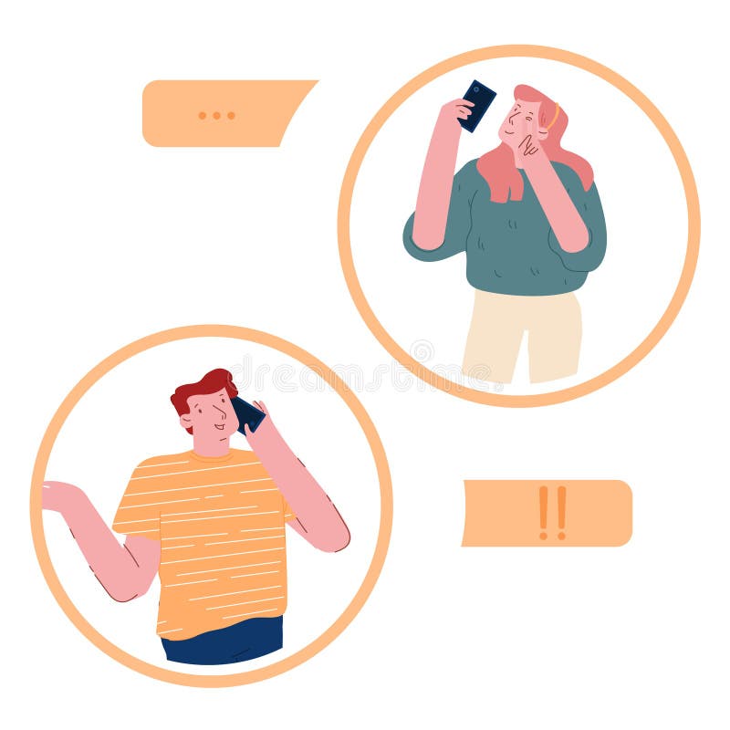 Jonge man en vrouw in de ronde Icons communiceren met Smartphones, terwijl Vrouw Selfie-poseren maakt royalty-vrije illustratie Jonge man en vrouw in de ronde Icons communiceren met Smartphones, terwijl Vrouw Selfie-poseren maakt royalty-vrije illustratie