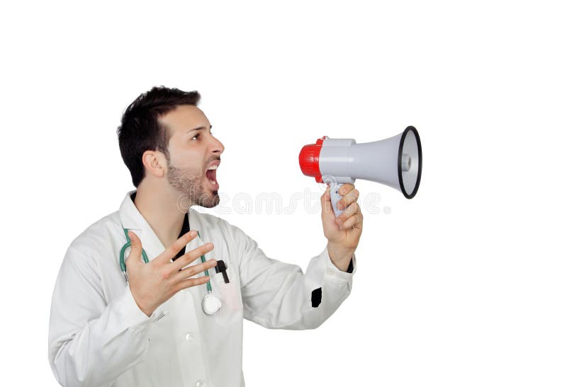 Jonge Mannelijke Arts Shouting Through Megaphone stock foto Jonge Mannelijke Arts Shouting Through Megaphone stock foto