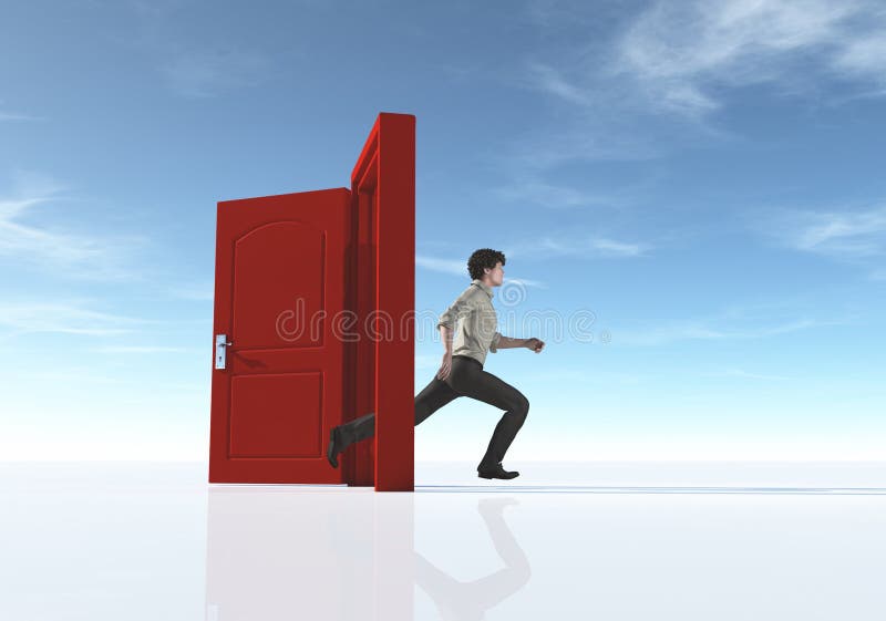 Jonge mens die aan een geopende deur lopen stock illustratie Jonge mens die aan een geopende deur lopen stock illustratie
