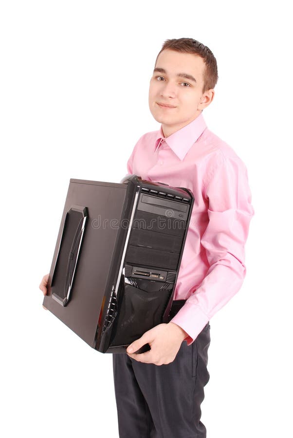Jonge mens die een witte achtergrond van PC met zachte schaduw houden royalty-vrije stock foto Jonge mens die een witte achtergrond van PC met zachte schaduw houden royalty-vrije stock foto