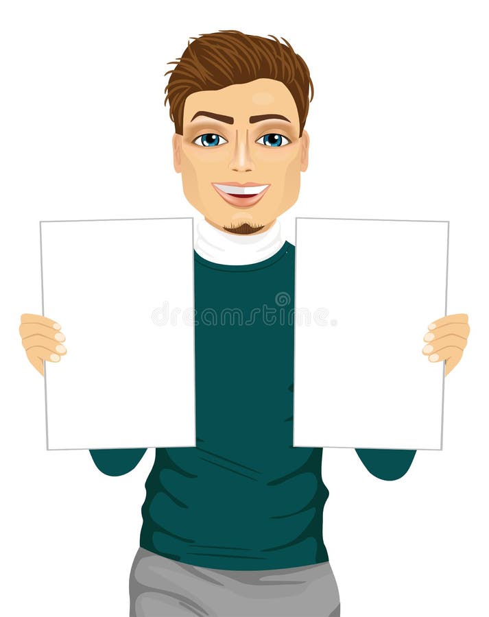Jonge mens die twee lege documenten houden royalty-vrije illustratie Jonge mens die twee lege documenten houden royalty-vrije illustratie