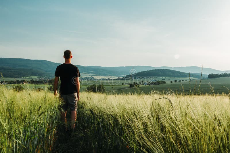 Jonge mens die zich in landelijk Tsjechisch landschap met tarwegebied, heuvel en bomen bij zonsondergang bevinden stock afbeelding Jonge mens die zich in landelijk Tsjechisch landschap met tarwegebied, heuvel en bomen bij zonsondergang bevinden stock afbeelding