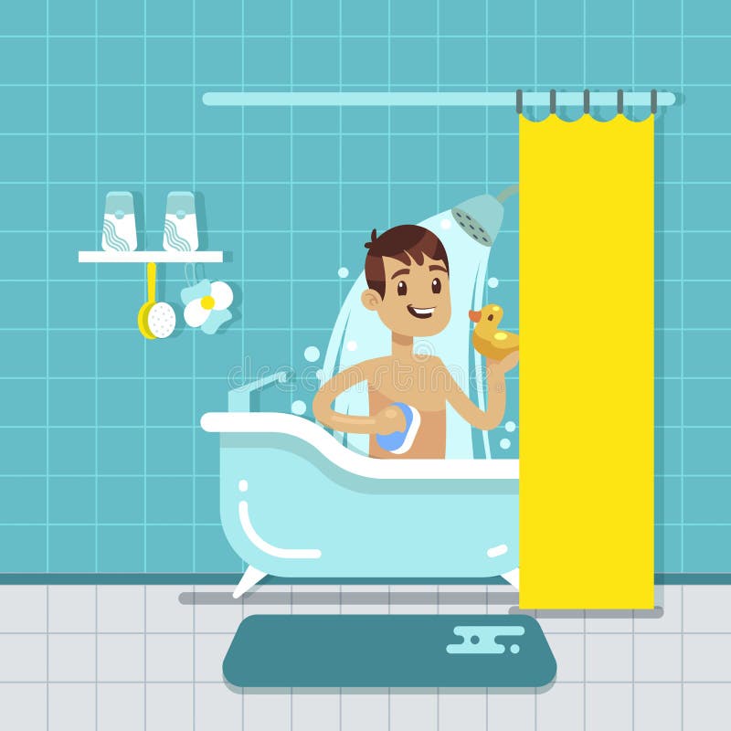 Young man in bathroom home interior with shower, bath vector illustration. Young man in bathroom home interior with shower, bath vector illustration