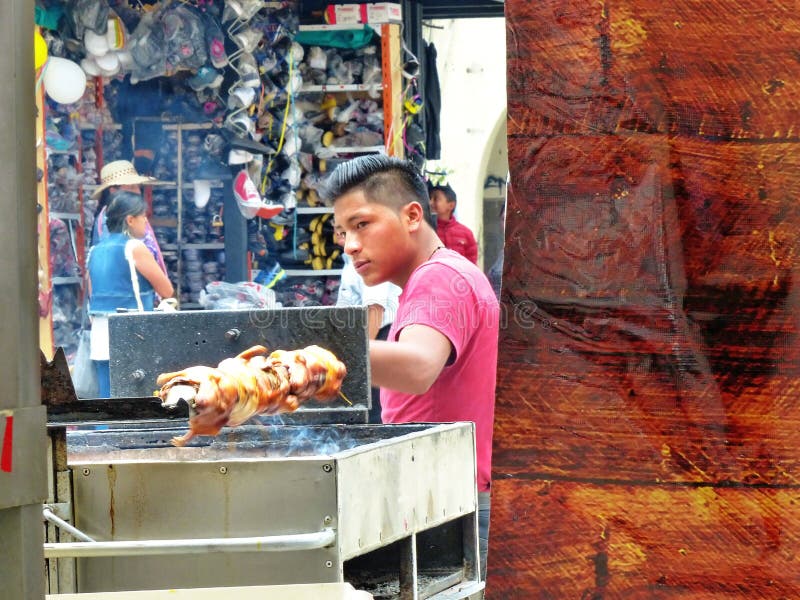 Jonge mens het koken op grill geroosterde cuy, Ecuador royalty-vrije stock fotografie Jonge mens het koken op grill geroosterde cuy, Ecuador royalty-vrije stock fotografie
