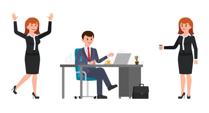 Jonge mensenzitting bij het bureau, die laptop met behulp van De jonge koffie die van de vrouwenholding, gelukkig lachen Vectoril vector illustratie Jonge mensenzitting bij het bureau, die laptop met behulp van De jonge koffie die van de vrouwenholding, gelukkig lachen Vectoril vector illustratie