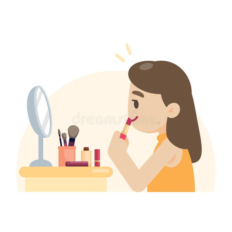 Jonge mooie vrouw die make-up maken die haar lippen, zieke vector rouging royalty-vrije illustratie Jonge mooie vrouw die make-up maken die haar lippen, zieke vector rouging royalty-vrije illustratie