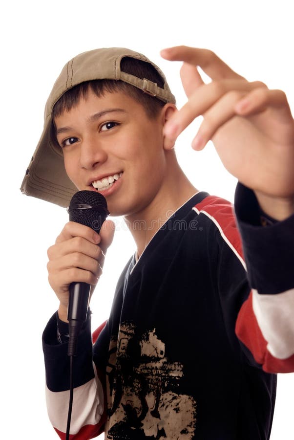 Photo of smiling boy singing a rap song. Photo of smiling boy singing a rap song