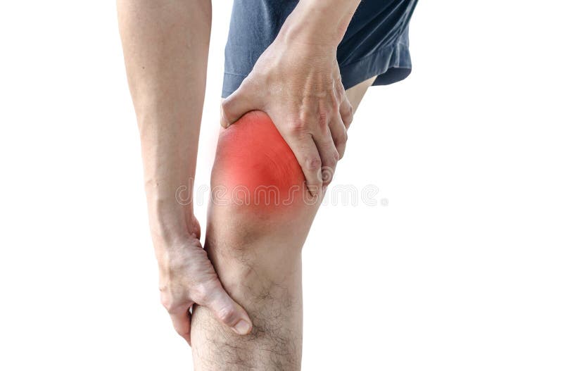 Jonge sportmens die met sterke atletische benen knie houden stock afbeelding Jonge sportmens die met sterke atletische benen knie houden stock afbeelding